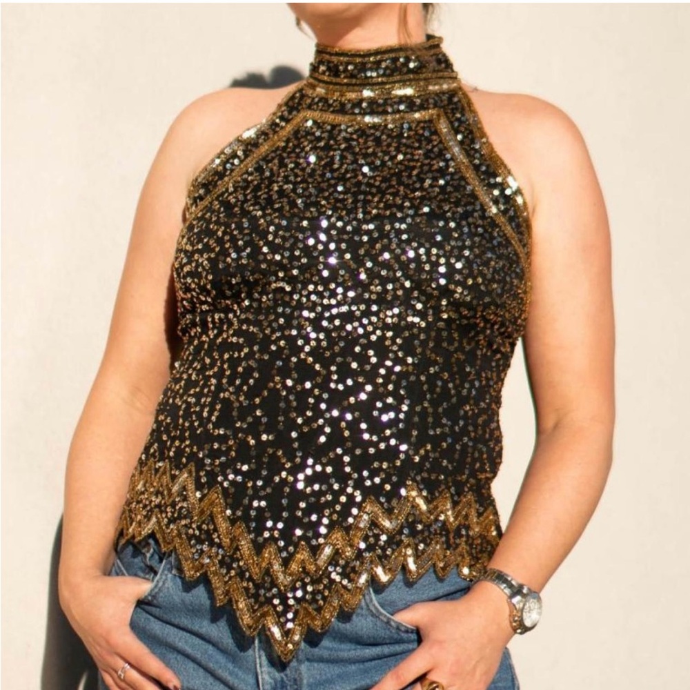 VTG 90s Mark John by Gopal Silk Beaded Halter Blouse SHollywood Regency Cruise